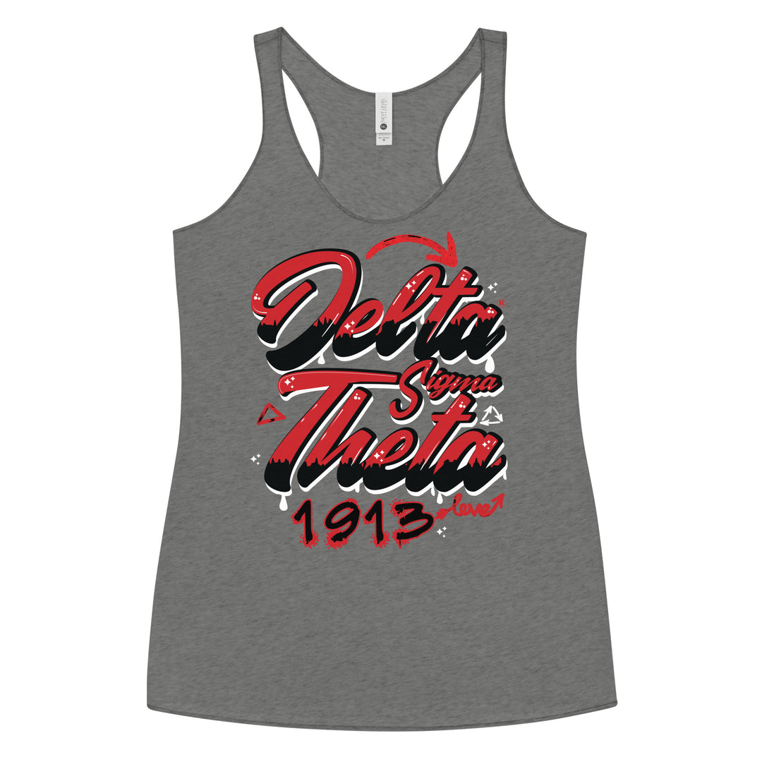 Delta Sigma Theta graffiti design women's racerback tank, perfect for sorority and Greek gear enthusiasts.