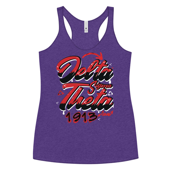 Delta Sigma Theta graffiti women's racerback tank top in purple, perfect sorority and fraternity paraphernalia for Greek gear fans.